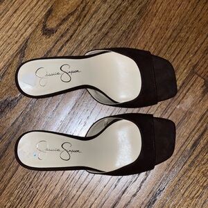 Chocolate Suede Heeled Mules